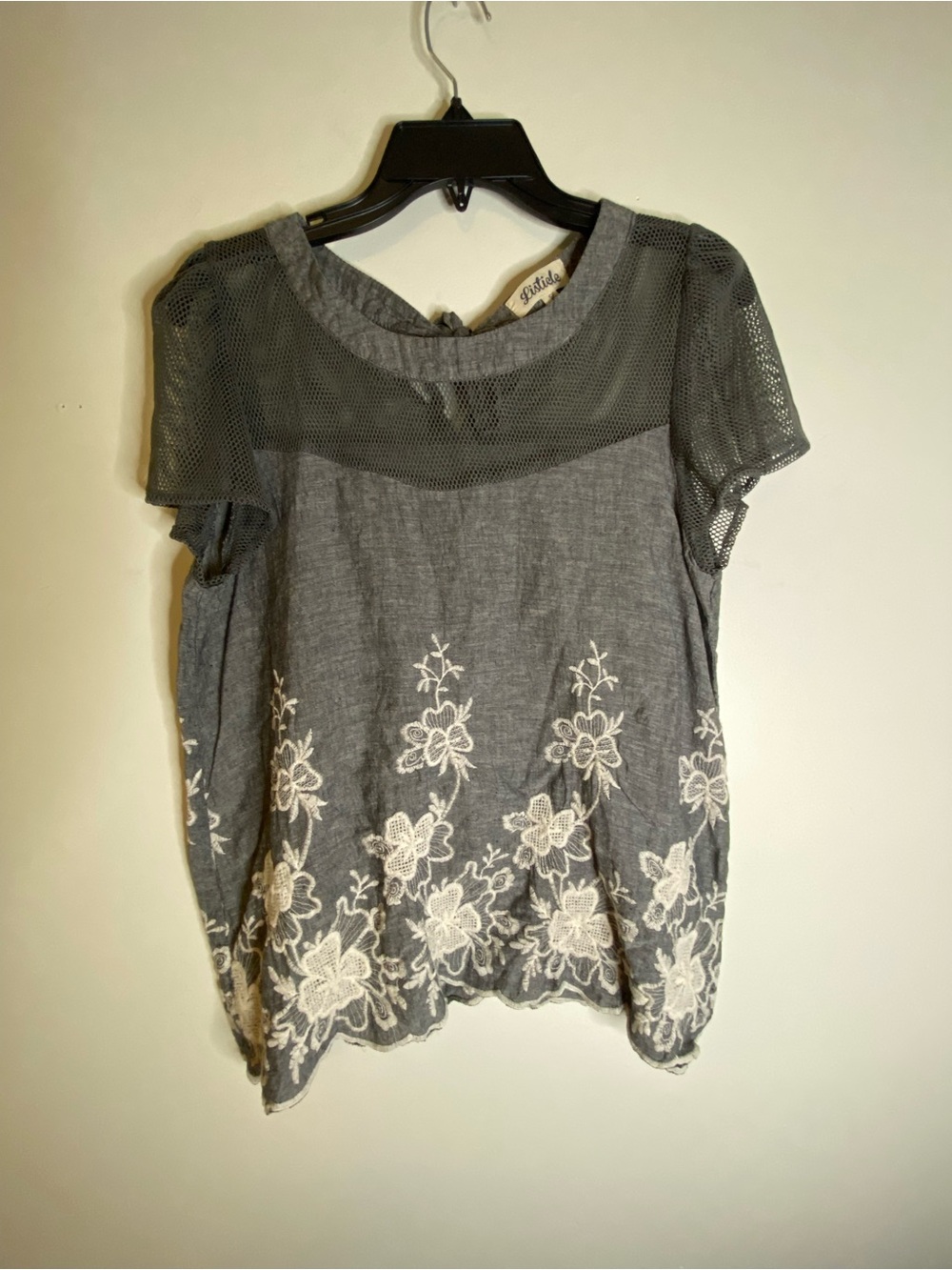 Listicle Gray Mesh Yoke Top with Cream Floral Embroidery